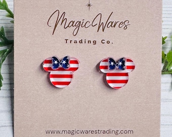 Stripes and Stars Bow Mouse Stud Earrings, Surgical stainless steel posts, Clip-ons available