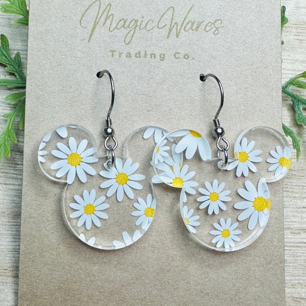 Daisy Mouse, Laser Cut, Daisy Floral patterned Crystal Acrylic Earrings, Dangle Earrings, Made to order, Glowforge Earrings