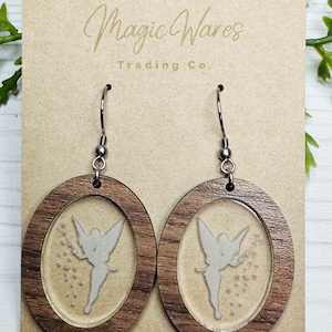 Pixie Dangle Earring Laser Cut Hardwood Engraved Crystal Acrylic Dangle Earrings Tinkerbell inspired earrings
