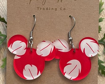 Hula Girl, Laser Cut, Red and White Hawaiian Flower patterned Crystal Acrylic Earrings, Dangle Earrings, Made to order, Glowforge Earrings