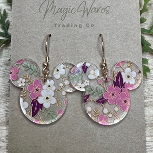 Cherry Blossom Mouse, Laser Cut, Pink and White Floral Crystal Acrylic Earrings, Dangle Earrings, Made to order, Glowforge Earrings