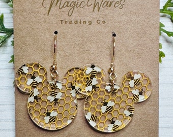 Honey Bee Mouse Laser Cut Crystal Acrylic Earrings Dangle Earrings HoneyComb Bee Pattern acrylic earrings Pooh inspired earrings
