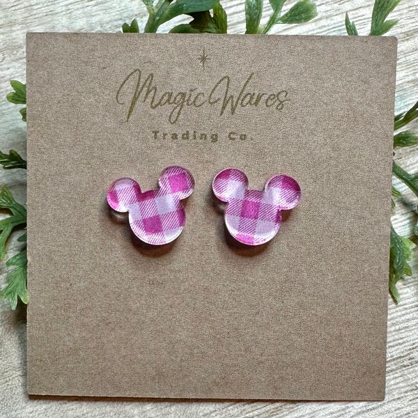 ピンクギンガムマウススタッドアクリルイヤリング、クリップオンもご用意しております