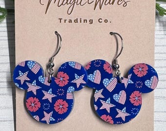 Patriotic Hearts and Stars Mouse Head Dangle Earrings, Americana 4th of July