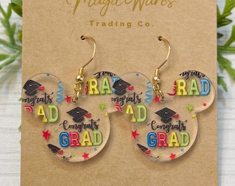 congrats Grad Mouse Head Acrylic Dangle Earrings: Stainless steel hooks