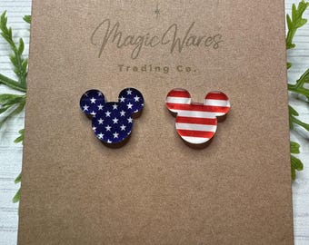 USA Mouse Stud, Laser Cut Stars and Stripes Pattern on Crystal Acrylic, Stainless Steel posts Pierced Earlobe earrings