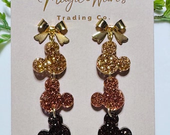 Fall Glitter Mouse Head Dangle Earrings: Gold Stainless Steel Bow Posts
