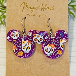 Coco inspired Sugar Skull Laser cut Dangle Earrings, Neon Purple Acrylic Earrings, Halloween earrings, Not so scary Halloween Party earrings