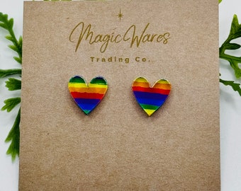 Rainbow Heart Stud Earrings, Laser Cut Rainbow Stripe Acrylic Post Earrings, Pierced Earlobe Post earrings, Pride earrings, Pride Month