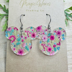 Spring Floral Mouse, Laser Cut, Floral patterned Crystal Acrylic Earrings, Dangle Earrings, Made to order, Glowforge Earrings image 1