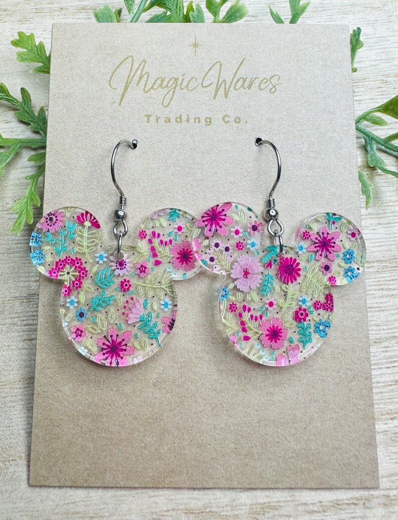 Spring Floral Mouse, Laser Cut, Floral patterned Crystal Acrylic Earrings, Dangle Earrings, Made to order, Glowforge Earrings image 1