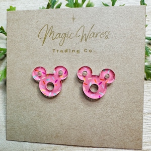 Donut Stud, 3 Colors, Laser cut Post Earrings, Made to order, Laser Engraved, Pierced Earlobe, Stainless Steel, Mickey shaped food