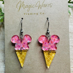 Main St Ice Cream, Mouse ears Ice Cream Cone Laser cut Patterned Crystal Acrylic Earrings, Made to order Glowforge Earrings