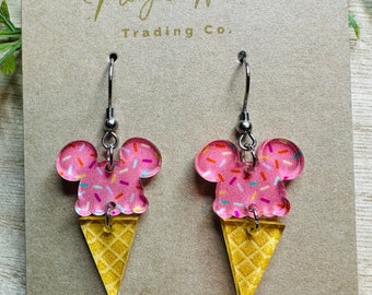 Main St Ice Cream, Mouse ears Ice Cream Cone Laser cut Patterned Crystal Acrylic Earrings, Made to order Glowforge Earrings