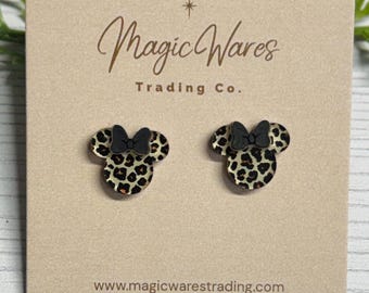 Leopard Mouse Stud Earrings with Black Bow, Stainless Steel Posts, Clip ons available
