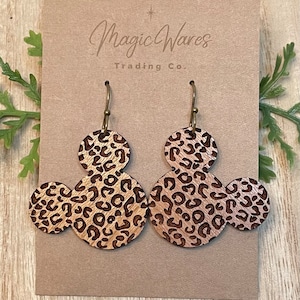 Cheetah Mouse. Laser Engraved Cherry Wood Dangle Earrings, Handmade earrings, Made to order, Glowforge laser cut