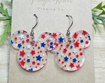 Red White and Blue Mouse, Patriotic Stars patterned Crystal Acrylic Earrings, 4th of July