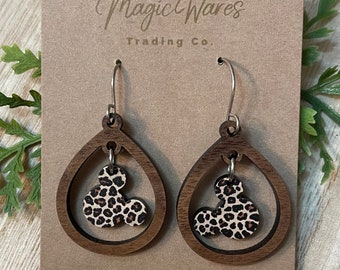 Leopard Mouse Dangle Earrings: Laser Cut Walnut plywood, Acrylic Leopard Print Gem