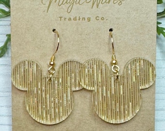 Gold Shimmer Mouse head Dangle Earrings, Laser cut Acrylic Earrings, Gold acrylic earrings, holiday earrings, Gifts under 20