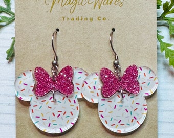 White Sprinkles Pink Glitter Minnie Bow Dangle Earrings, Laser Acrylic Earrings Sprinkles with White background
