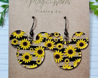 Sunflower Stripe Mouse Earrings Laser Cut Sunflower with Black stripe patterned Crystal Acrylic Earrings, Dangle Earrings Fall Earrings
