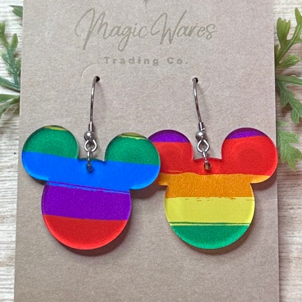 Pride Mouse, Laser cut dangle earrings, Rainbow Stripe Pattern Acrylic, Mouse head dangle earring