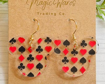 Queen of Hearts Mouse Earrings, Crystal Acrylic Playing Card Earrings