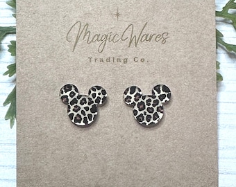 Leopard Mouse Head Stud Earrings, Stainless Steel Posts, Clip ons available