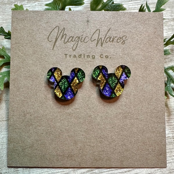 Kolczyki Mardi Gras, akrylowe, fioletowo-zielono-złote, cięte laserowo, wykonane na zamówienie, grawerowane laserowo, kolczyki z przekłutym płatkiem ucha