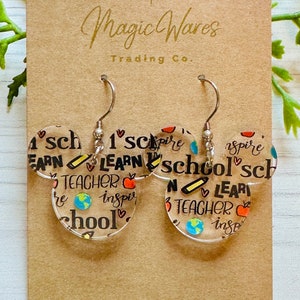 Teacher Inspired Mouse head Laser cut School Words Patterned Crystal Acrylic Earrings Back to school earrings gift for teacher