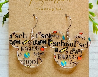 Teacher Inspired Mouse head Laser cut School Words Patterned Crystal Acrylic Earrings Back to school earrings gift for teacher