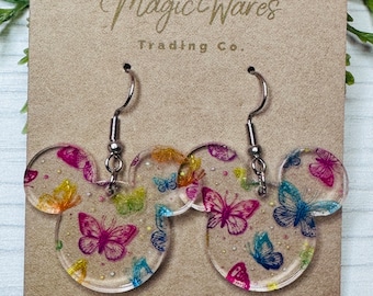 Rainbow Butterfly Mouse head Earrings: Crystal Acrylic Dangles