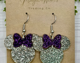 Purple and Platinum Minnie, Purple Glitter Bow Dangle Earrings, Laser cut Silver Glitter Acrylic Earrings, handmade, 100 year anniversary