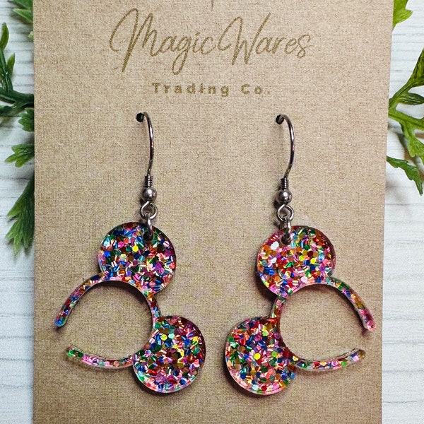 Pendientes de diadema con orejas de ratón con purpurina y confeti, acrílicos multicolores cortados con láser.