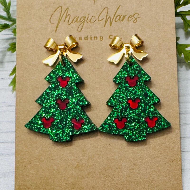 Green Glitter Acrylic Drop Earrings with Red Glitter Bow