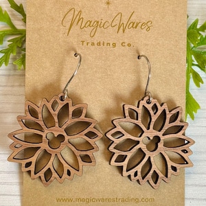 Sunflower Dangle Earrings, Laser cut Walnut Hardwood Dangle Earrings, Laser cut wood earrings, Gift for Mom, Flower and Garden Earrings
