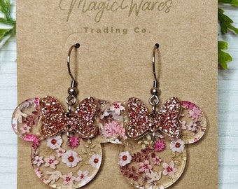 Rose Floral with Rose Gold glitter Bow, Glitter Bow Dangle Earrings, Laser cut Glitter Acrylic Earrings Handmade Pink Floral Earrings
