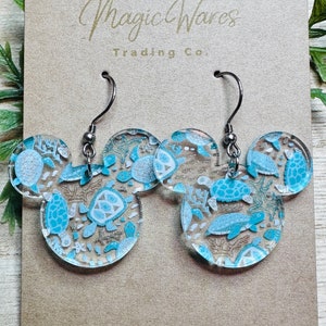 Sea Turtles, Mouse head shaped Laser cut Acrylic Earrings, Laser cut Sea Turtle Pattern Clear Acrylic, Dangle Earrings, Lightweight earrings