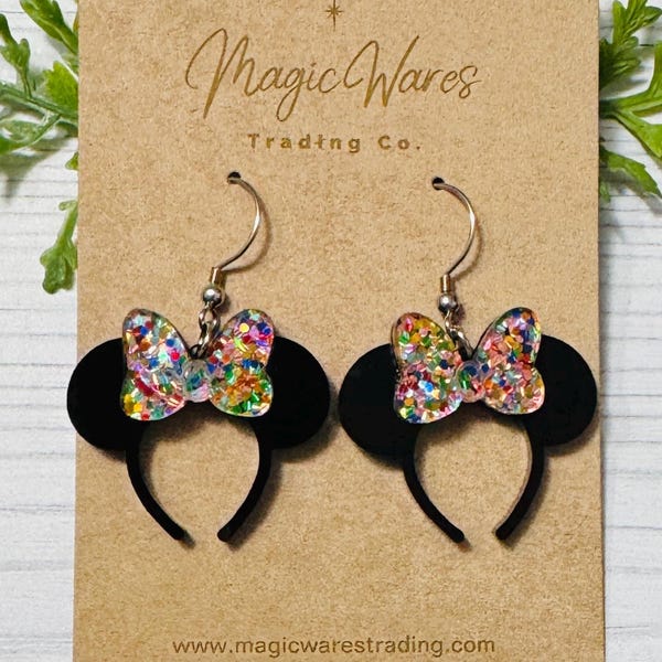 Pendientes colgantes con orejas de Minnie con confeti y purpurina, pendientes de diadema con orejas de ratón negras, pendientes colgantes con lazo y purpurina de Minnie