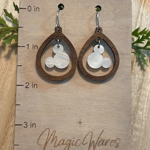 Pearl Mouse Gem, Gem Dangle Earring, Laser Cut Wood Dangle Earrings, Acrylic Gem Dangle, Made to order, Glowforge laser cut