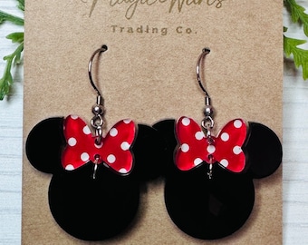 Polka Dot Minnie Bow Dangle Earrings, Laser cut Black Acrylic Earrings handmade polk dot bow black earrings