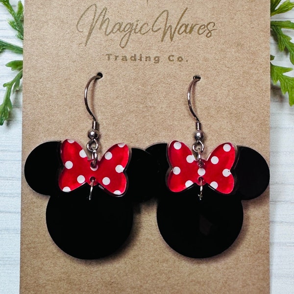 Polka Dot Minnie Bow Dangle Earrings, Laser cut Black Acrylic Earrings handmade polk dot bow black earrings