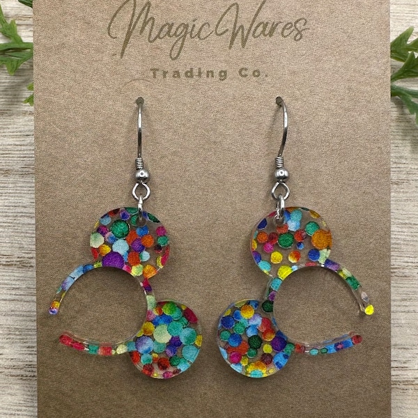 Adventure Mouse Ears Headband Dangles, Rainbow Dot Acrylic Earrings