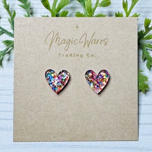 Confetti Glitter Heart Stud Earrings: Stainless steel Posts, Lightweight acrylic