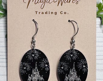 Castle and Fireworks Oval Dangle Earrings: Engraved Acrylic, Surgical Stainless Steel hooks