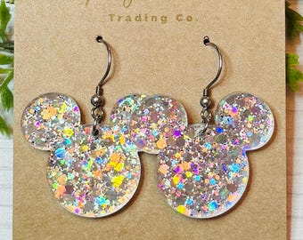 Silver Holographic Chunky Glitter Mouse head Dangle Earrings, Laser cut Silver Holographic Glitter Acrylic, Sparkly glitter earrings