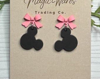 Light Pink Bow and Black Mouse Head Laser cut Dangle Earrings,  Minnie inspired earrings