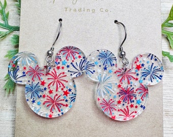 Patriotic Fireworks, Mouse head shaped Laser cut Acrylic Earrings, Red White and Blue Fireworks Pattern Acrylic, Lightweight dangle earrings