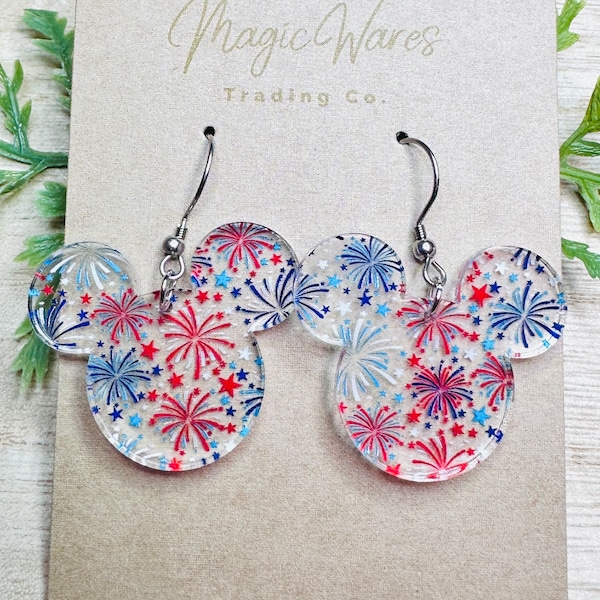 Patriotic Fireworks, Mouse head shaped Laser cut Acrylic Earrings, Red White and Blue Fireworks Pattern Acrylic, Lightweight dangle earrings