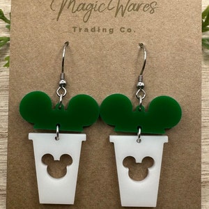 Main Street Coffee, Mouse ears Coffee cup, Laser cut Green and White Acrylic Earrings, Made to order, Glowforge Earrings